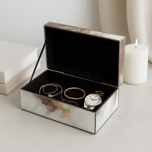 Modern Decorative Box with Lid for Home Decor - Mirrored Jewelry Storage Box and Keepsake Organizer with Marble-Inspired Finish - 3" White & Gold - 1 of 4