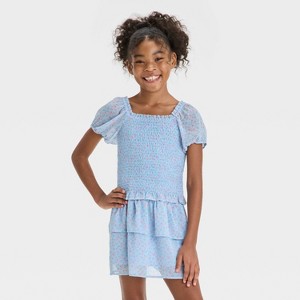 Girls' Short Sleeve Smock Chiffon Floral Top - Cat & Jack™ - 1 of 3