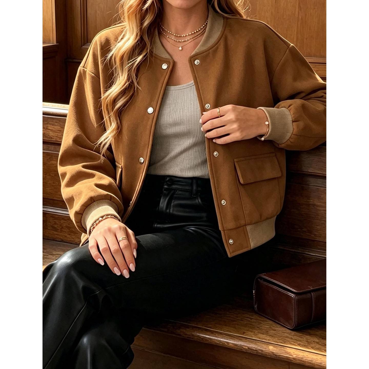 Женская куртка YesFashion Women Bomber Jacket Classic Ribbed Collar Button Loose Casual Outerwear with Pockets, Brown, цвет: Коричневый — фото 3