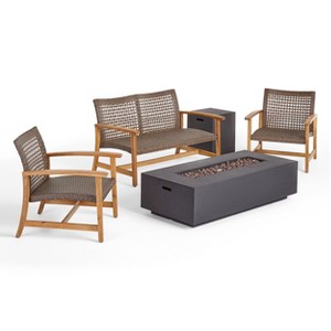 Christopher Knight Home Augusta Outdoor Acacia Wood and Wicker 4 Seater Chat Set with Fire Pit - 1 of 4