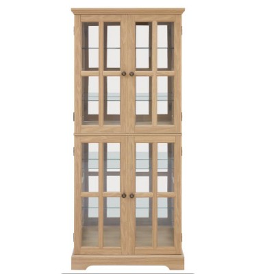 Vynxaria Antique Glass High Cabinet: Grid Doors, Adjustable Shelves, Integrated Lighting for Books/Collectibles