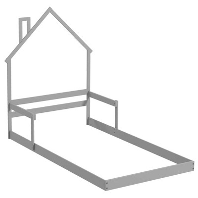 Costway Twin Size Floor Bed for Kids with Chimney Headboard & Handrail Gray/White/Natural