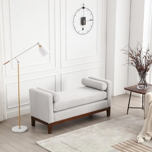 TROPOW Upholstered Bench - 53.5" W, Wood Legs, Bolster Pillows, Boucle Fabric, Caramel for Bedroom, Living Room, Entryway - 1 of 4