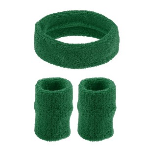 Unique Bargains Stretchy Cotton Blend Sweat Absorbing Sport Headband Wristband Grass Green 3 pcs - 1 of 4