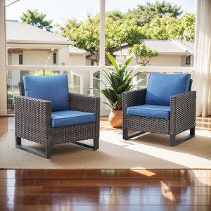 POCASSY Outdoor Wicker Armrest Chairs Set of 2, Brown Wicker Rattan Patio Chairs with Square Armrest and Metal Leg, Patio Furniture Chairs for Porch - 1 of 4