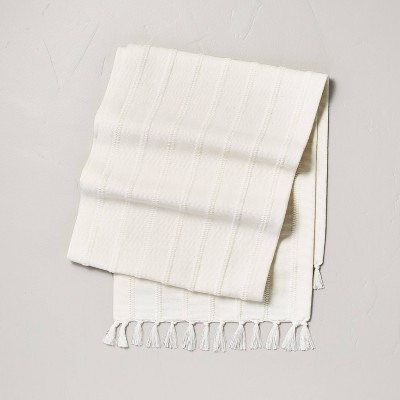 14" x 76" Textured Stripe Tassel Table Runner Cream - Hearth & Hand™ with Magnolia
