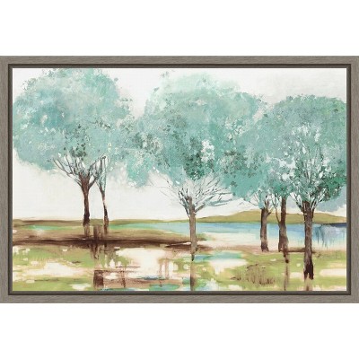 Teal Trees Landscape Canvas Wall Art Print in Gray Frame