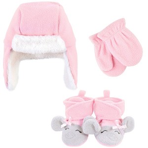 Hudson Baby Infant Girl Trapper Hat, Mitten and Bootie Set, Pink Gray Elephant - 1 of 4