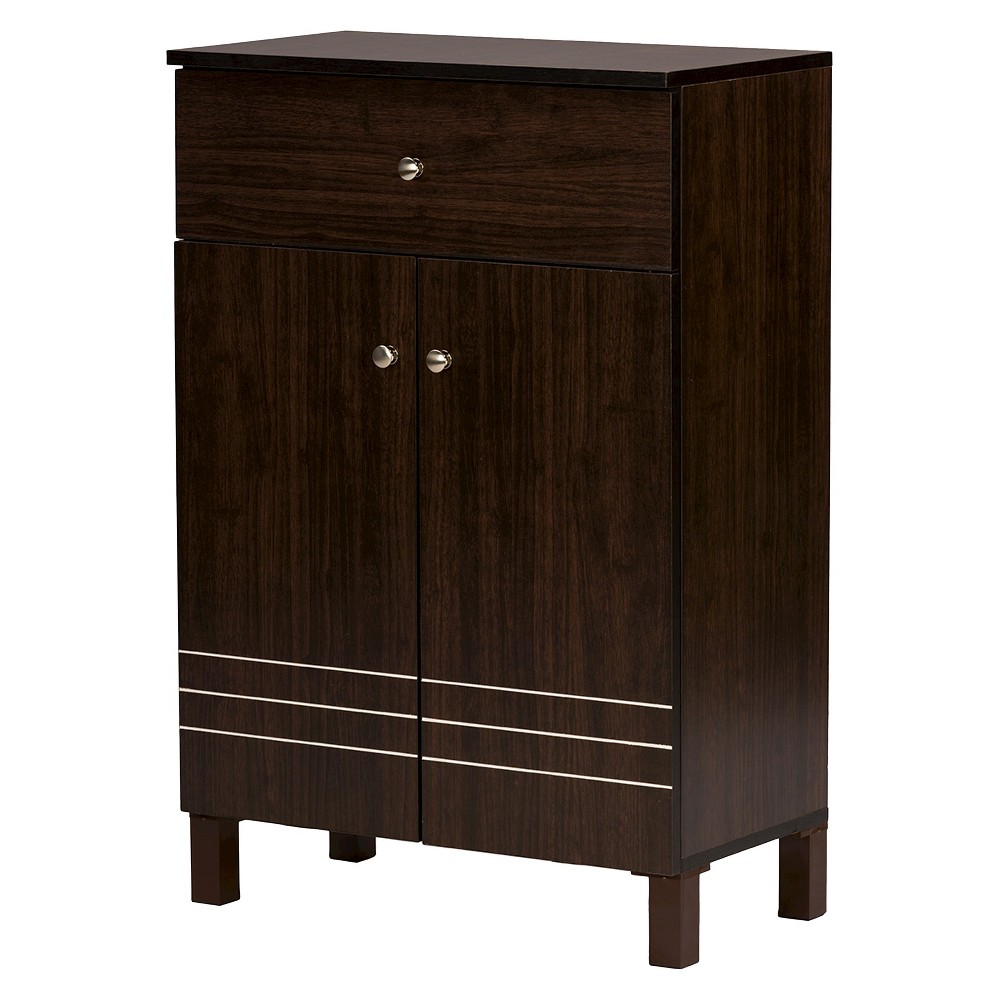 Felda Modern Shoe Cabinet with 2 Doors and Drawer - Dark Brown - Baxton Studio: Metal Frame, Freestanding Storage, Holds 9 Pairs