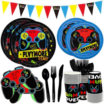DYLIVeS Video Game Birthday Party Decorations, 180 pcs Gaming Party Supplies-Include Banner, Gamer 9" and 7" Paper Plates, Cups,Napkins,Cutlery