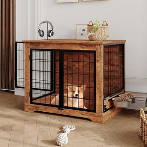 Dog Crate, 38 Inch Heavy Duty Dog Crate Furniture with 2 Rotating Dog Bowls, Bite Resistant Dog Crate for Small and Medium Dogs - 1 of 4