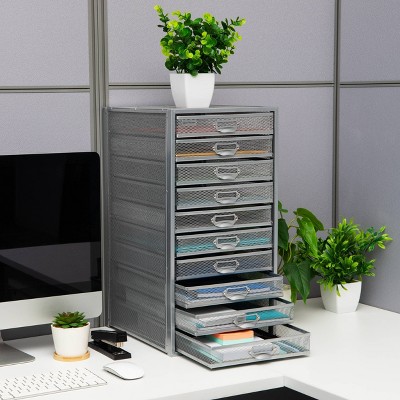 Sleek Silver Metal Mesh 10-Drawer Desktop Organizer Cabinet