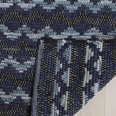 Navy Blue and Black Handwoven Cotton Wool Rug, 4' x 4'