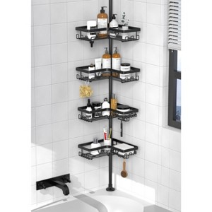 Aoibox Corner Shower Caddy Tension Pole Organizer - Adjustable Floor to Ceiling Shower Shelf with Hooks for Towels, Bath Accessories, Waterproof Black - 1 of 4