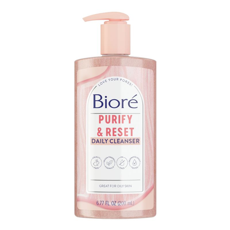 Biore Daily Purifying Cleanser, Oil Free Face Wash, Dermatologist Tested Rose Quartz + Charcoal - Scented - 6.77 fl oz, 1 of 11