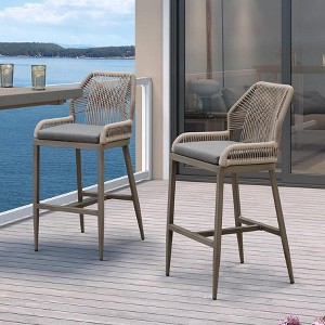 PURPLE LEAF Patio Sunbrella Bar Stools Set of 2 Handwoven Wicker Bar Height Stool Modern Aluminum Outdoor Wicker Barstools with Back and Cushion - 1 of 4