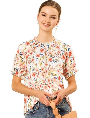 INSPIRE CHIC Women's Ruffled Short Sleeve Floral Mock Neck Summer Top
