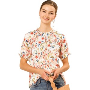 INSPIRE CHIC Women's Ruffled Short Sleeve Floral Mock Neck Summer Top - 1 of 4