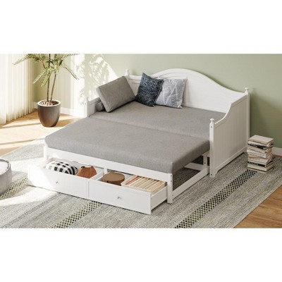 APRILSOUL Twin Size Wood Daybed with 2 Storage Drawers ,Wooden Sofa Bed with Handrail for Living Room Bedroom