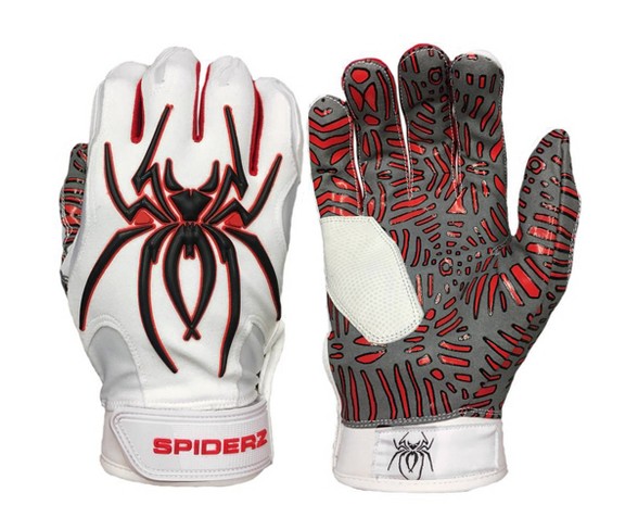 Spiderz Hybrid Tac Palm Adult Baseball/Softball Batting Gloves Black Widow - White/Red/Black - L