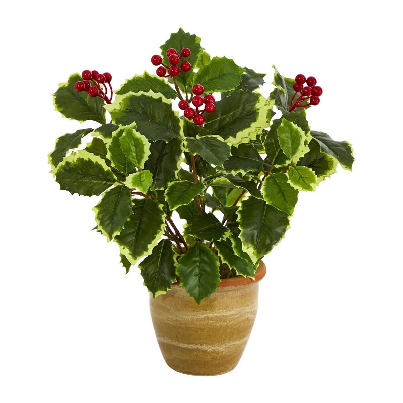 Nearly Natural 14-in Variegated Holly Leaf Artificial Plant in Ceramic Planter (Real Touch), 1 of 4