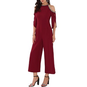 INSPIRE CHIC Women's Halter Sequin Cold Shoulder Split Sleeve Cocktail Wide Leg Jumpsuits - 1 of 4