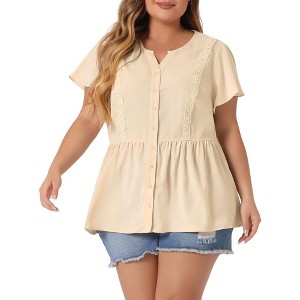Agnes Orinda Women's Plus Size Bell Short Sleeve Collar Elastic Waist Flare Peplum Button Down Shirts - 1 of 4