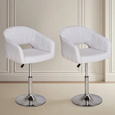 VECELO Velvet Bar Chair Adjustable Bar Stools 360° Swivel Vanity Chair with Mid Back and Metal Base Pearl White