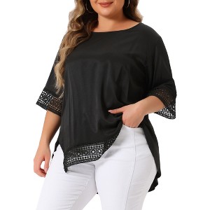 Agnes Orinda Women's Plus Size Lace Crochet Hollow out Crew Neck Short Sleeve Side Split Casual Blouses - 1 of 4