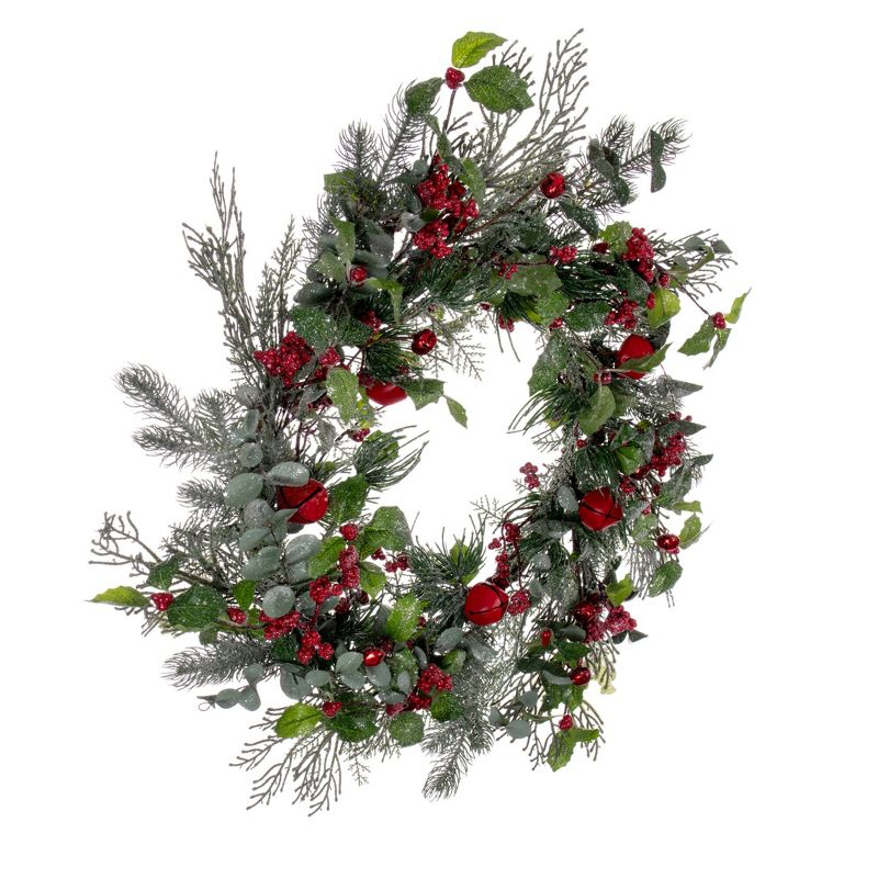 Vickerman 24" Green Artificial Holly Pine and Red Jingle Bell Wreath., 5 of 6