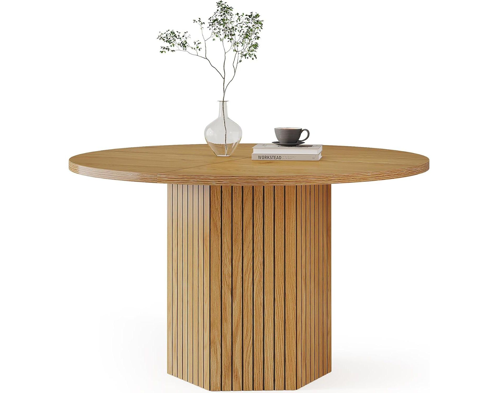 Tribesigns Wood Dining Table for Dining Room, Round 47 inch Dinner Table for 4 People with Pedestal Base and Circle Oak Tabletop, Brown