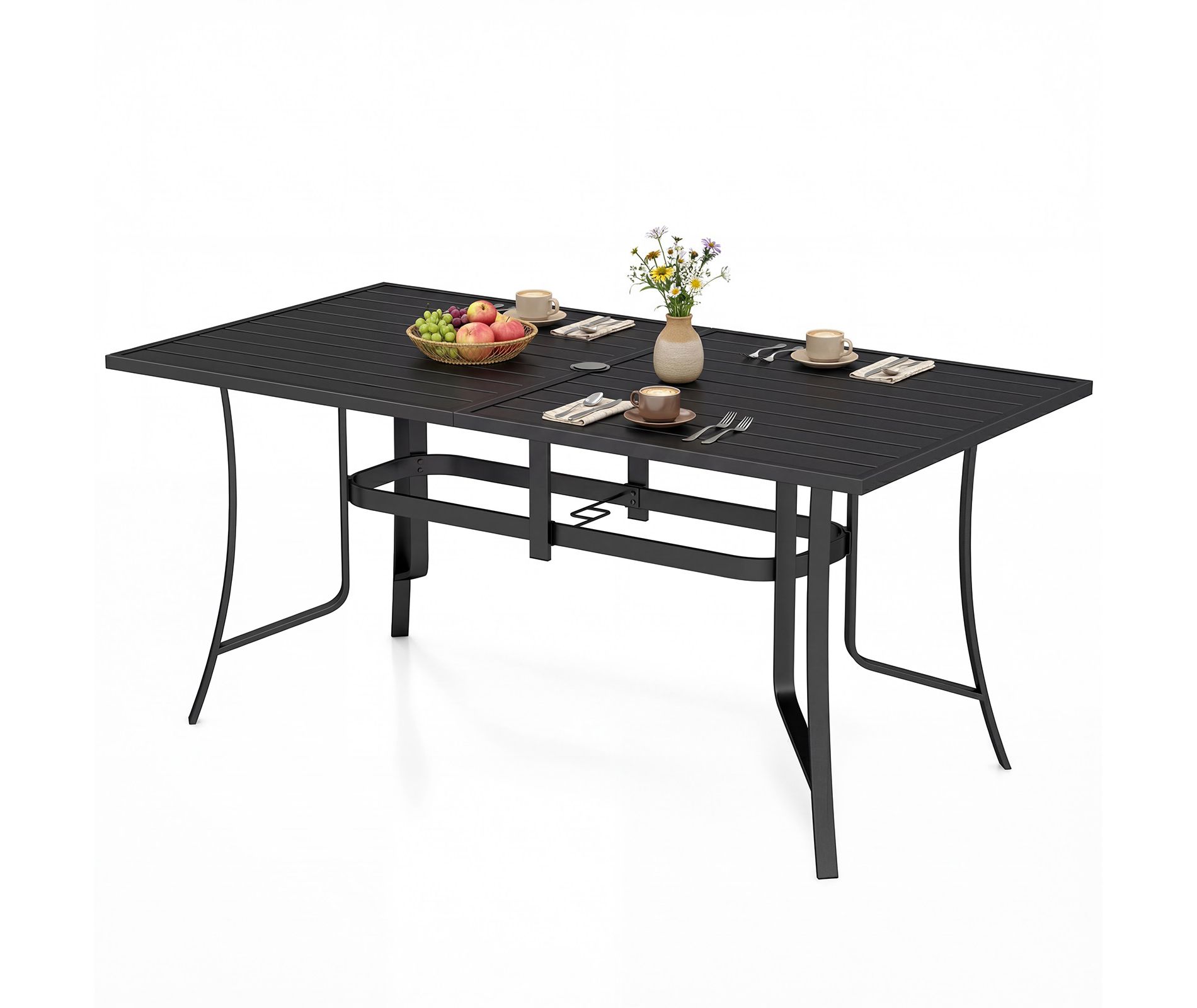 Gymax Patio Dining Table Rectangle Metal Slat Table w/Umbrella Hole for Lawn