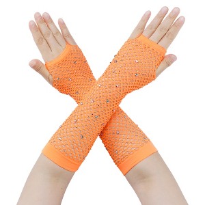 INSPIRE CHIC Women's Long Elastic Mesh Rhinestone Cosplay Net Half Finger Sleeves Gloves for Female Dance Party 1Pair - 1 of 4