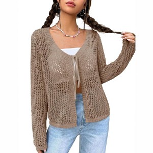 Womens Lightweight Crochet Cardigan Tie Front Shrugs Knit Cardigan Crop Tops Long Sleeve Mesh Sweaters Summer Beach Cover Up - Brown S - 1 of 4