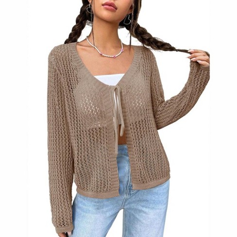 Womens Lightweight Crochet Cardigan Tie Front Shrugs Knit Cardigan Crop Tops Long Sleeve Mesh Sweaters Summer Beach Cover Up Brown S Target