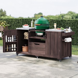 66.5 inch Black Outdoor Kitchen Island for Big Green Egg Grills, Solid Wood Outdoor Grill Cart for Tabletop Grill with Stainless Steel Top - 1 of 4