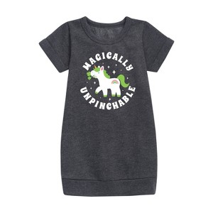 - Instant Message - St. Patrick's Day Magically Unpinchable Unicorn Graphic Short Sleeve Fleece Dress - 1 of 3