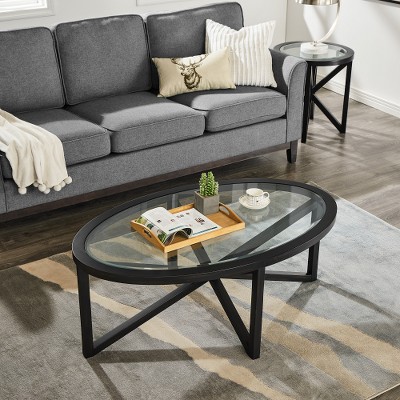 LIVAREEmlen Modern simple glass coffee table, tempered glass coffee table solid wood base round transparent glass top modern living room terrace study