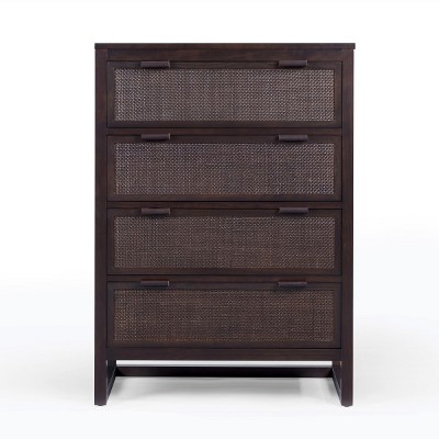 Teamson Home Hatteras Dresser with 4 Rattan Inlay Drawers, Faux Leather Pulls & Deep Storage