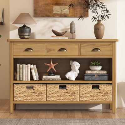 47.00" Sideboard Buffet Cabinet Accent Cabinet Elegant Vintage Console Table with Drawers Water Hyacinth Woven Baskets