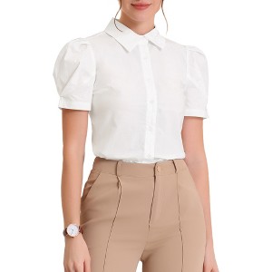 Allegra K Women's Puff Short Sleeve Pointed Collar Work Office Button Down Shirt - 1 of 4