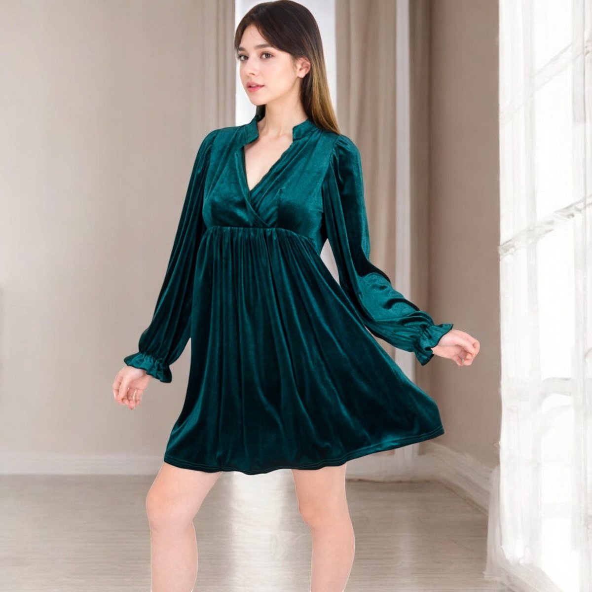 Женские платья Anna-Kaci Women's Velvet Dress with V-Neck and Long Sleeves - Small, Olive Green — фото 4