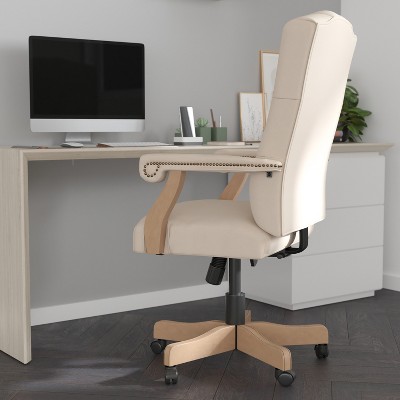 Ivory Ultra-Suede High-Back Swivel Office Chair with Driftwood Metal Base