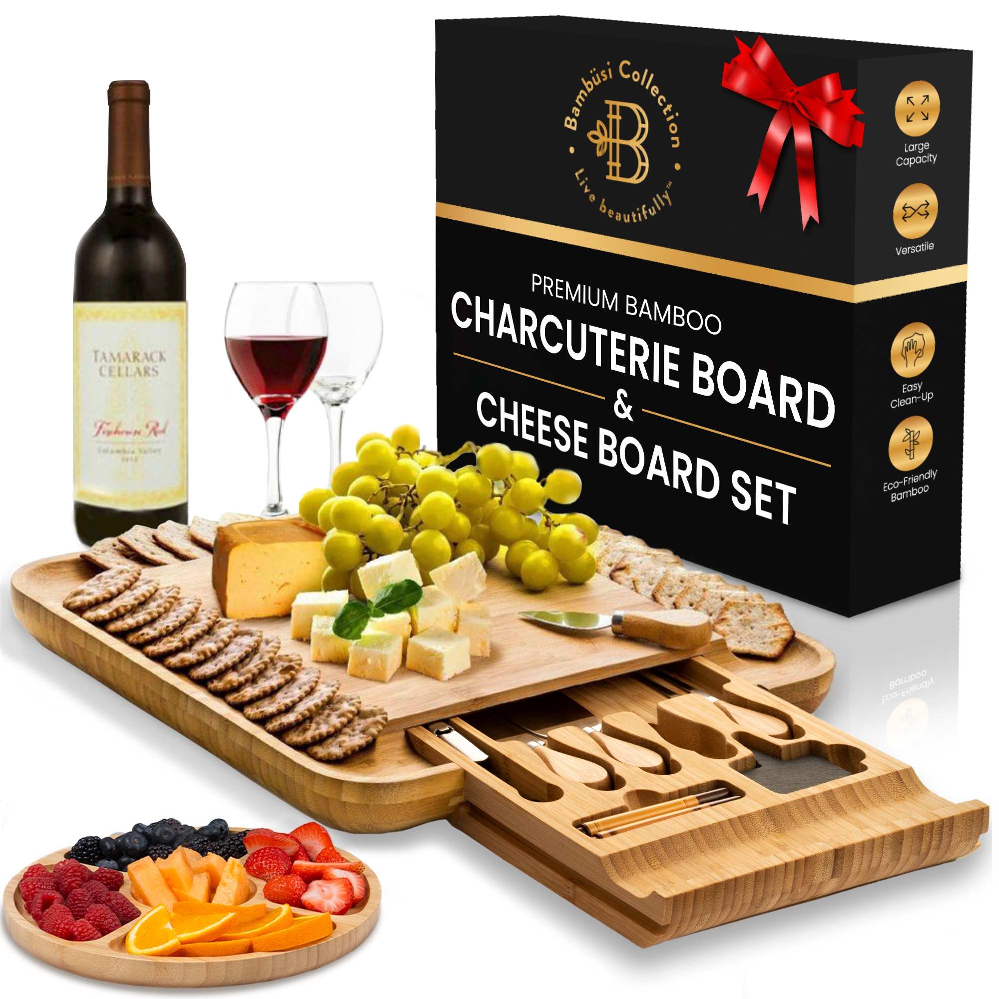 Charcuterie Board Set - Large Bamboo Cheese & Meat Platter, Wooden Serving Board for Kitchen, Wedding, Housewarming Gifts
