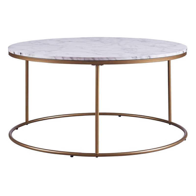 Marmo Round Coffee Table with Faux Marble Top Brass - Teamson Home, 3 of 10