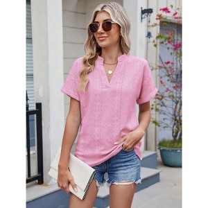 Summer Tops for Women 2025 Short Sleeve V Neck Dressy Lace Eyelet Blouses Shirts - 1 of 4