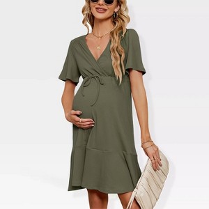 Womens Maternity Dress V Neck Ribbed Knit Short Sleeve Ruffle Dress Wrap Front Tie Dress for Pregnancy Baby Shower Photography - 1 of 4