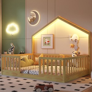 Twin/Full Size Montessori Bed Floor Bed Platform Bed Frame Toddler Bed Kid House Bed with Light & High Rails - ModernLuxe - 1 of 4