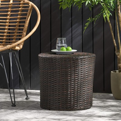 Brown Multi Outdoor Polyethylene Rattan Weave Barrel Side Table,Coffee Table With Iron Frame For Patio Garden Backyard,No Assembly Required-Coolbibila