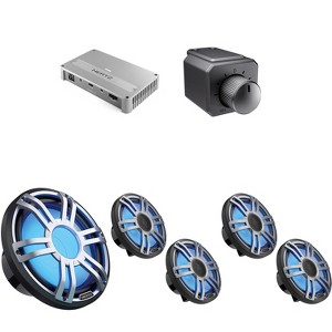 Hertz 2 Pairs of HMX 6.5 S-LD-G Marine Coax and 1 HMS 12 S2-LD-G 12" Marine Subwoofer with Venezia V5 5-Channel Marine Amplifier remote knob - 1 of 4